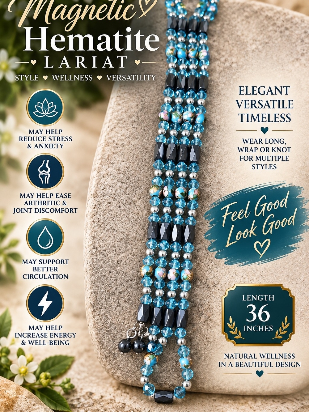 Magnetic Hematite Lariat Necklace in Turquoise Blue
